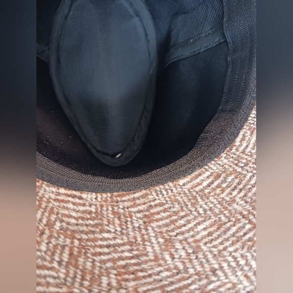 Stylish Brown Herringbone Fedora Hat Wool Blend 23 Inches Inside Brim - Picture 5 of 7